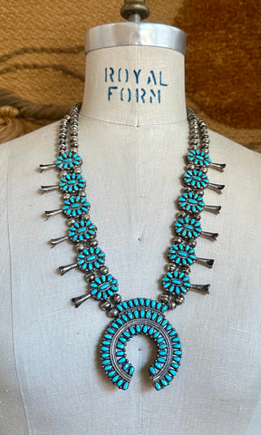 NATIVE AMERICAN REVERSIBLE Squash Blossom Turquoise & Coral Silver Necklace