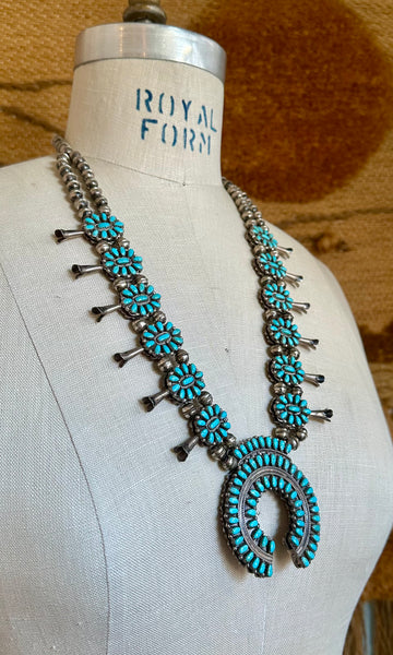 NATIVE AMERICAN REVERSIBLE Squash Blossom Turquoise & Coral Silver Necklace