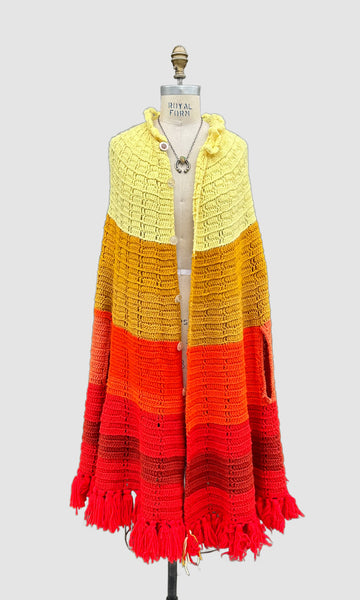 SUNBURST KNIT PONCHO Vintage 70s Crochet • Open Sizing