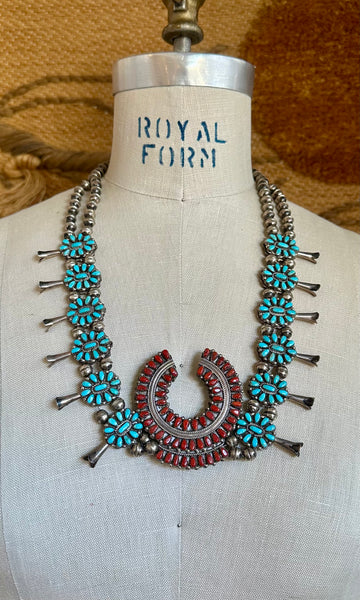NATIVE AMERICAN REVERSIBLE Squash Blossom Turquoise & Coral Silver Necklace
