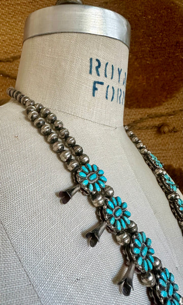 NATIVE AMERICAN REVERSIBLE Squash Blossom Turquoise & Coral Silver Necklace