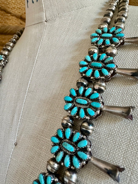 NATIVE AMERICAN REVERSIBLE Squash Blossom Turquoise & Coral Silver Necklace