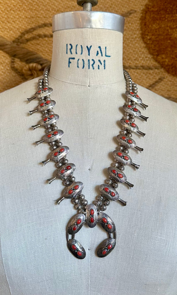 NAVAJO SQUASH BLOSSOM Coral & Silver Necklace