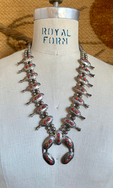 NAVAJO SQUASH BLOSSOM Coral & Silver Necklace
