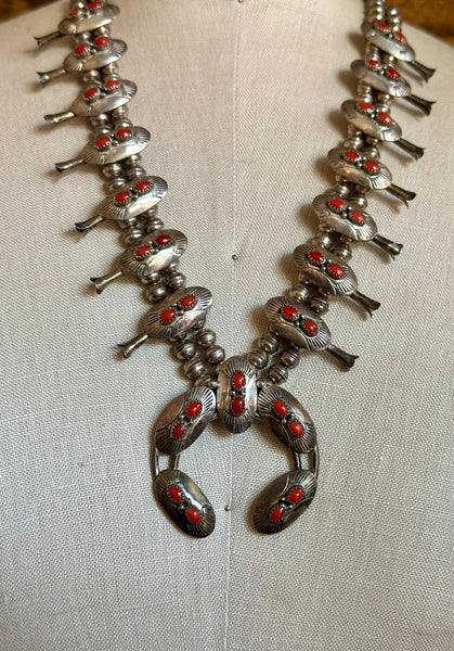 NAVAJO SQUASH BLOSSOM Coral & Silver Necklace