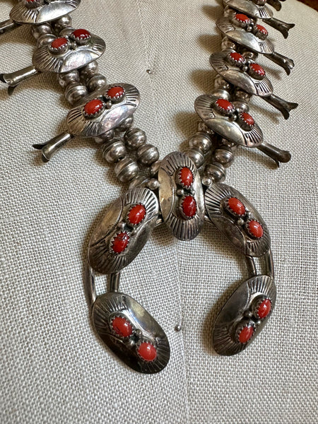 NAVAJO SQUASH BLOSSOM Coral & Silver Necklace