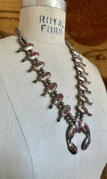 NAVAJO SQUASH BLOSSOM Coral & Silver Necklace