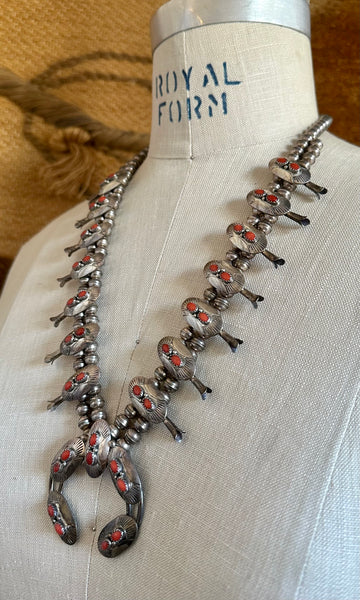 NAVAJO SQUASH BLOSSOM Coral & Silver Necklace