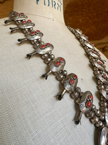 NAVAJO SQUASH BLOSSOM Coral & Silver Necklace