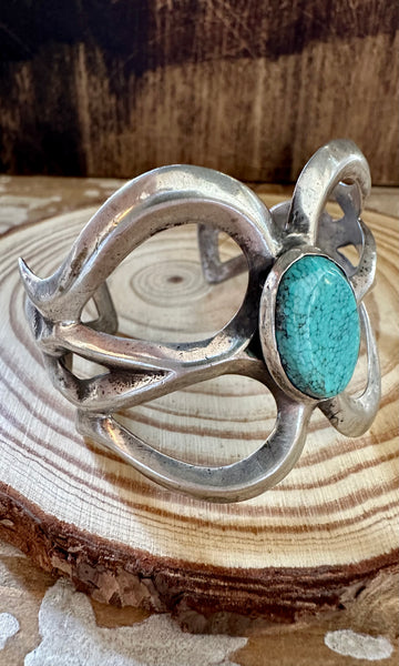 AMERICAN BEAUTY Vintage 60s 70s Sandcast Silver & Turquoise Cuff 40g