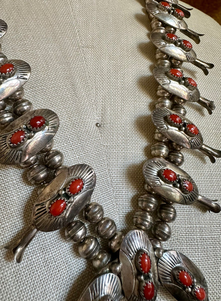 NAVAJO SQUASH BLOSSOM Coral & Silver Necklace