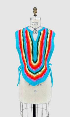 RAINBOW KNIT BIB Vintage 70s Crochet Tank Top • Open Sizing