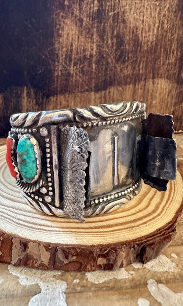 NELSON EMERSON 70s Navajo Large Silver, Coral & Turquoise Watch Cuff 122g