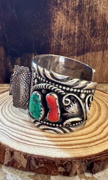 NELSON EMERSON 70s Navajo Large Silver, Coral & Turquoise Watch Cuff 122g