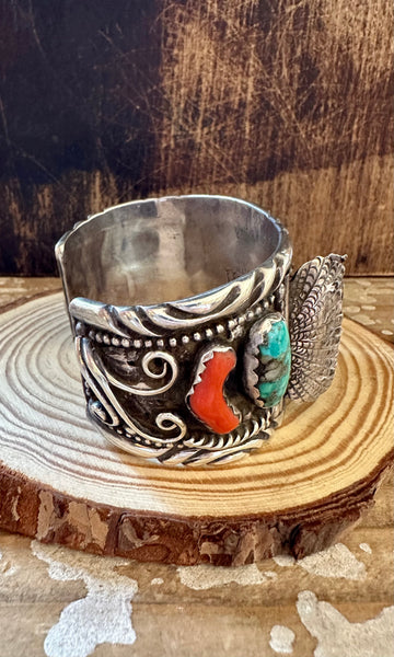 NELSON EMERSON 70s Navajo Large Silver, Coral & Turquoise Watch Cuff 122g