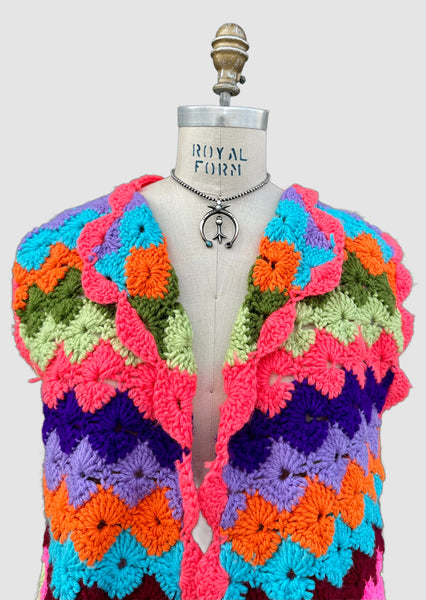 BRIGHT RAINBOW Vintage 70s Crochet Sweater Vest • Lg. to XL