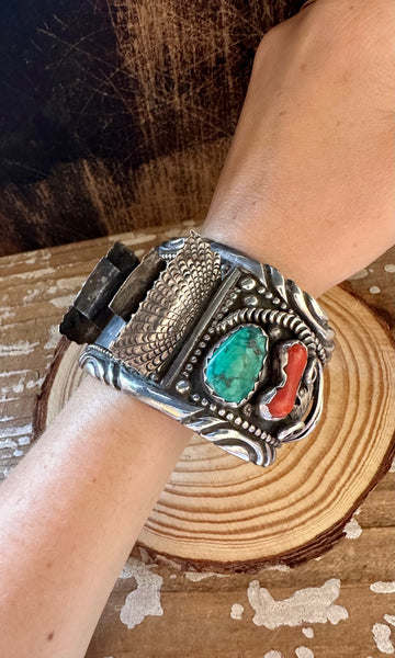 NELSON EMERSON 70s Navajo Large Silver, Coral & Turquoise Watch Cuff 122g