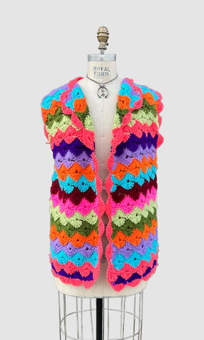 BRIGHT RAINBOW Vintage 70s Crochet Sweater Vest • Lg. to XL