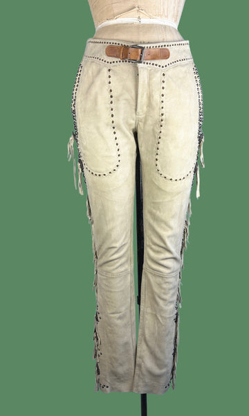 RALPH LAUREN Western Fringe and Studded Suede Low Rise Pants • Sz 8