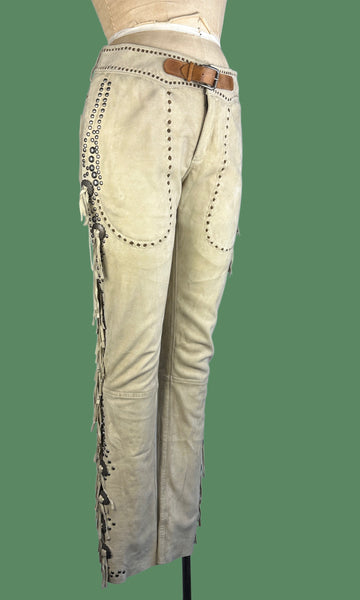 RALPH LAUREN Western Fringe and Studded Suede Low Rise Pants • Sz 8