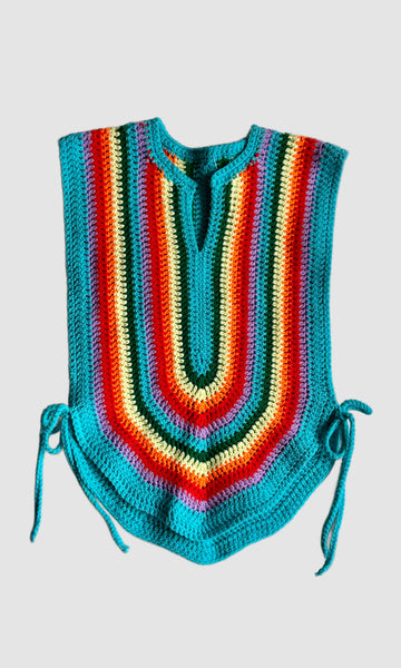 RAINBOW KNIT BIB Vintage 70s Crochet Tank Top • Open Sizing