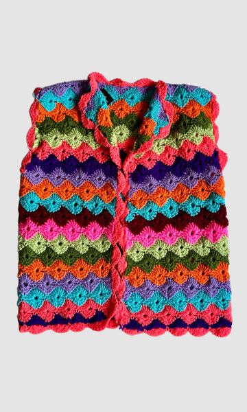 BRIGHT RAINBOW Vintage 70s Crochet Sweater Vest • Lg. to XL