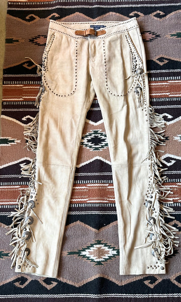 RALPH LAUREN Western Fringe and Studded Suede Low Rise Pants • Sz 8