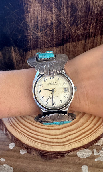 JH HALLMARK 70s Silver Turquoise Bracelet Watchband with Bulova Watch