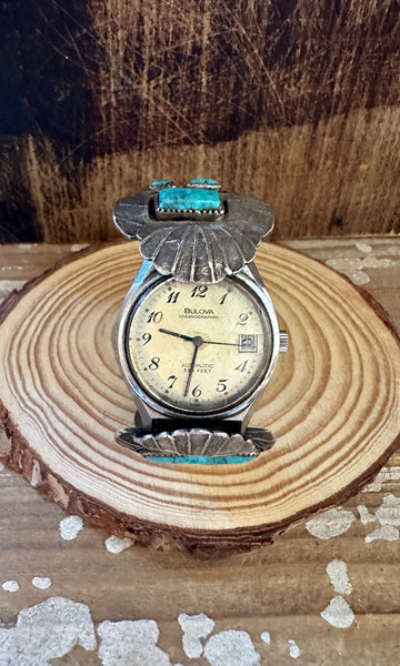 JH HALLMARK 70s Silver Turquoise Bracelet Watchband with Bulova Watch