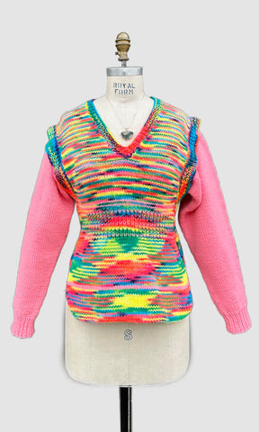 PINK STARBURST Hand Knit 70s Neon Sweater • Medium