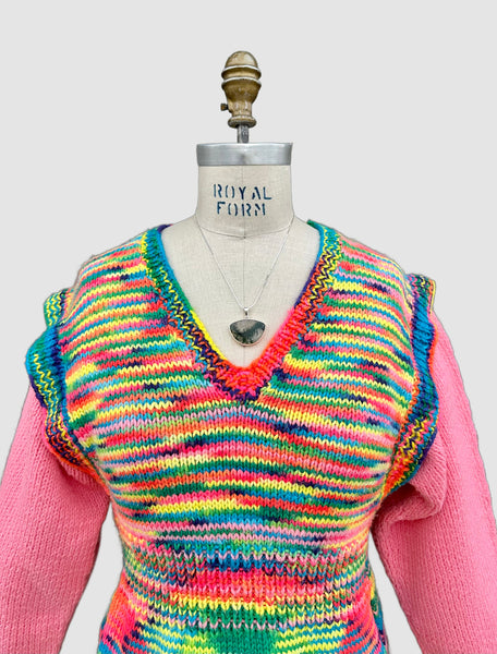 PINK STARBURST Hand Knit 70s Neon Sweater • Medium