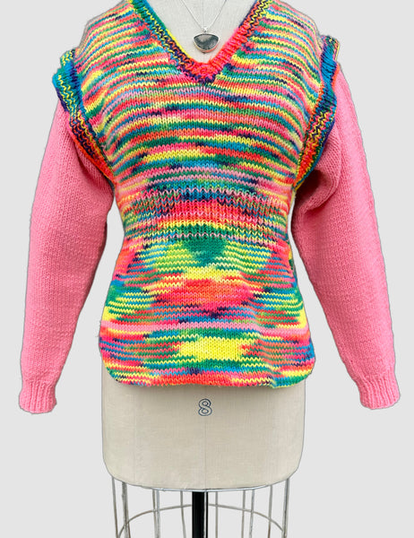 PINK STARBURST Hand Knit 70s Neon Sweater • Medium