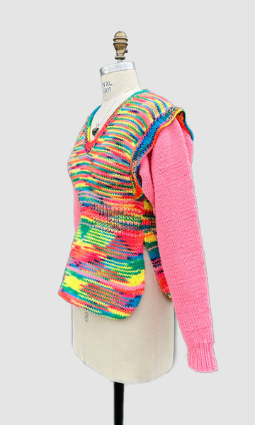 PINK STARBURST Hand Knit 70s Neon Sweater • Medium