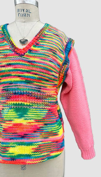 PINK STARBURST Hand Knit 70s Neon Sweater • Medium
