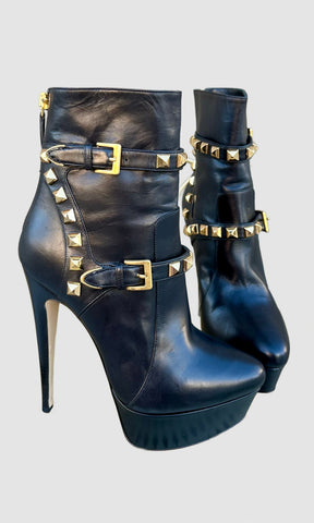 MIU MIU Black Studded Leather High Heeled Booties • 5.5