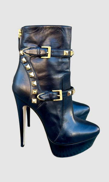 MIU MIU Black Studded Leather High Heeled Booties • 5.5