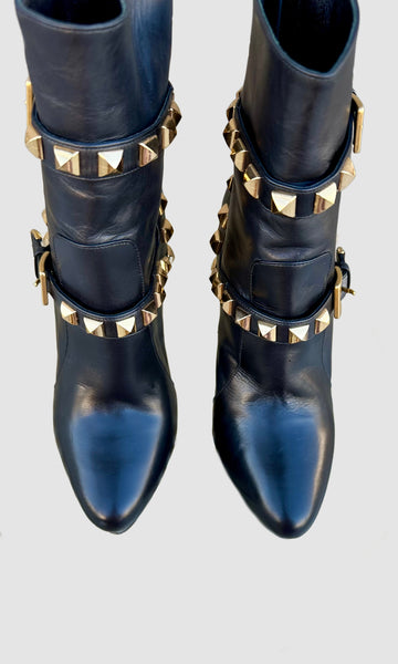 MIU MIU Black Studded Leather High Heeled Booties • 5.5