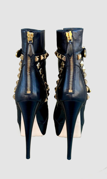 MIU MIU Black Studded Leather High Heeled Booties • 5.5