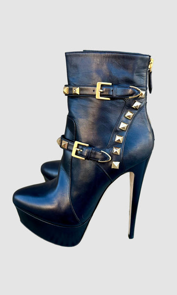 MIU MIU Black Studded Leather High Heeled Booties • 5.5