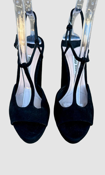MIU MIU Black Suede Block Heels • 6