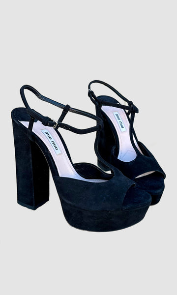 MIU MIU Black Suede Block Heels • 6