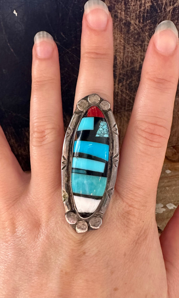 ZUNI MULTI-STONE Vintage 70s Silver Inlay Ring • Size 10 1/2