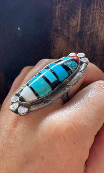 ZUNI MULTI-STONE Vintage 70s Silver Inlay Ring • Size 10 1/2