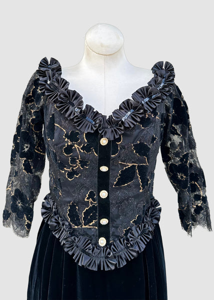 ZANDRA RHODES London Black Velvet 80s Dress • Small