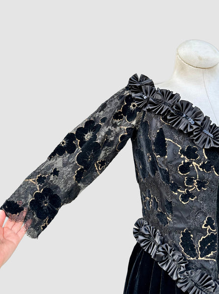 ZANDRA RHODES London Black Velvet 80s Dress • Small