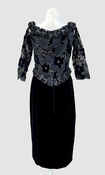 ZANDRA RHODES London Black Velvet 80s Dress • Small