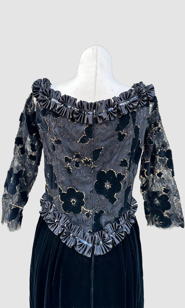 ZANDRA RHODES London Black Velvet 80s Dress • Small