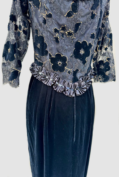 ZANDRA RHODES London Black Velvet 80s Dress • Small