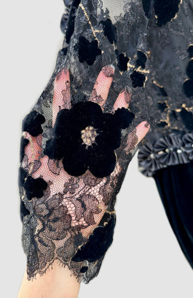 ZANDRA RHODES London Black Velvet 80s Dress • Small
