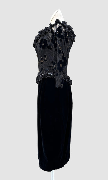 ZANDRA RHODES London Black Velvet 80s Dress • Small